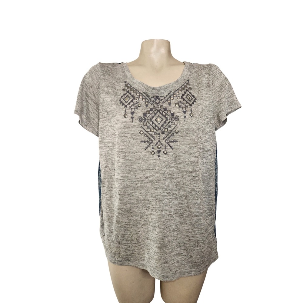 Miss Me Womens Gray Embroidered Tribal Bandana Patchwork Split Back Top MDT1573S